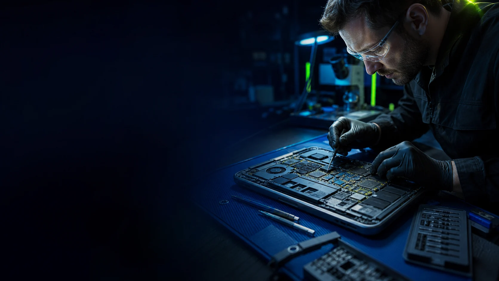 Tecnico durante una riparazione professionale di notebook nel laboratorio PC Plus a Matera
