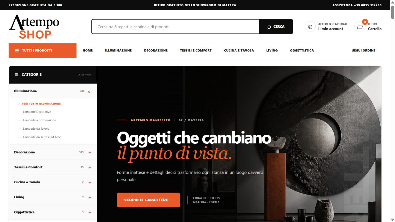 E-commerce Artempo Shop visualizzato su computer
