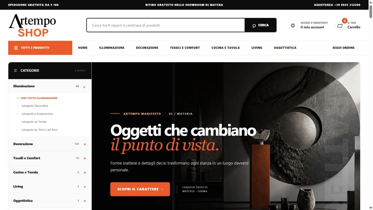 E-commerce Artempo Shop progettato e sviluppato da PC Plus Matera