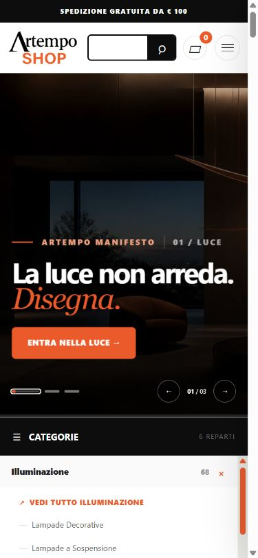 E-commerce Artempo Shop adattato a uno smartphone